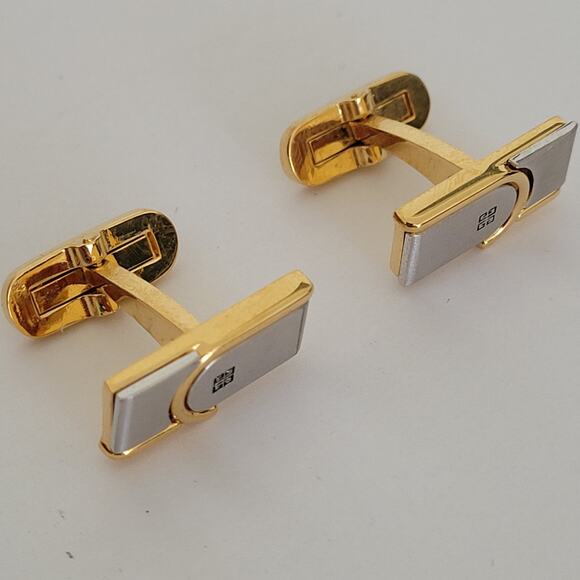 Givenchy Cufflinks Set Gold Silver Tone Rectangle Logo Vintage Designer Geometri - Picture 3 of 7